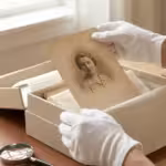 Close-up of gloved hands holding a vintage photo over an archival storage box in soft light.
