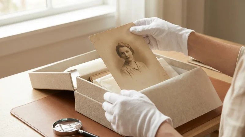 Close-up of gloved hands holding a vintage photo over an archival storage box in soft light.