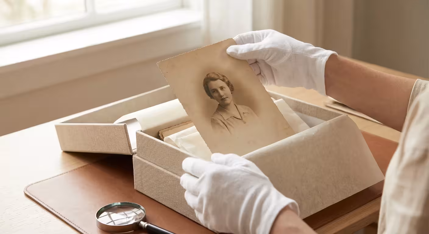 Close-up of gloved hands holding a vintage photo over an archival storage box in soft light.