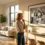 A woman looking at a large, high-resolution framed poster of a vintage photo in a bright room.