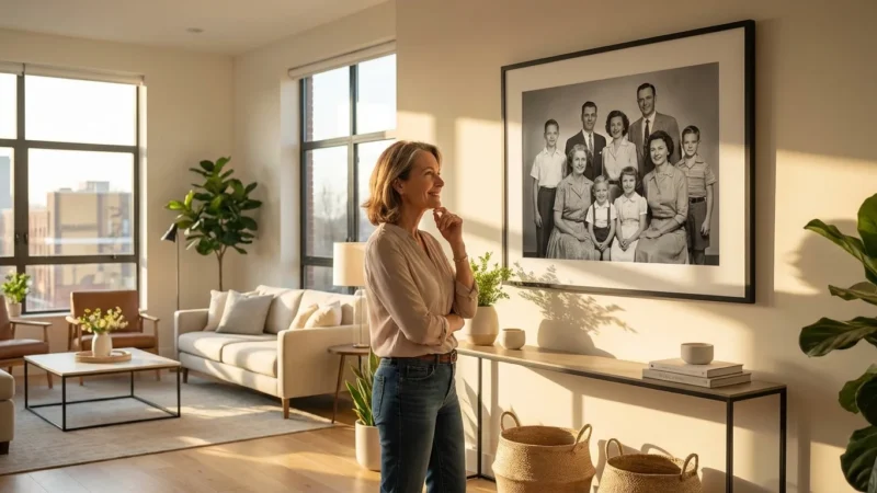 A woman looking at a large, high-resolution framed poster of a vintage photo in a bright room.