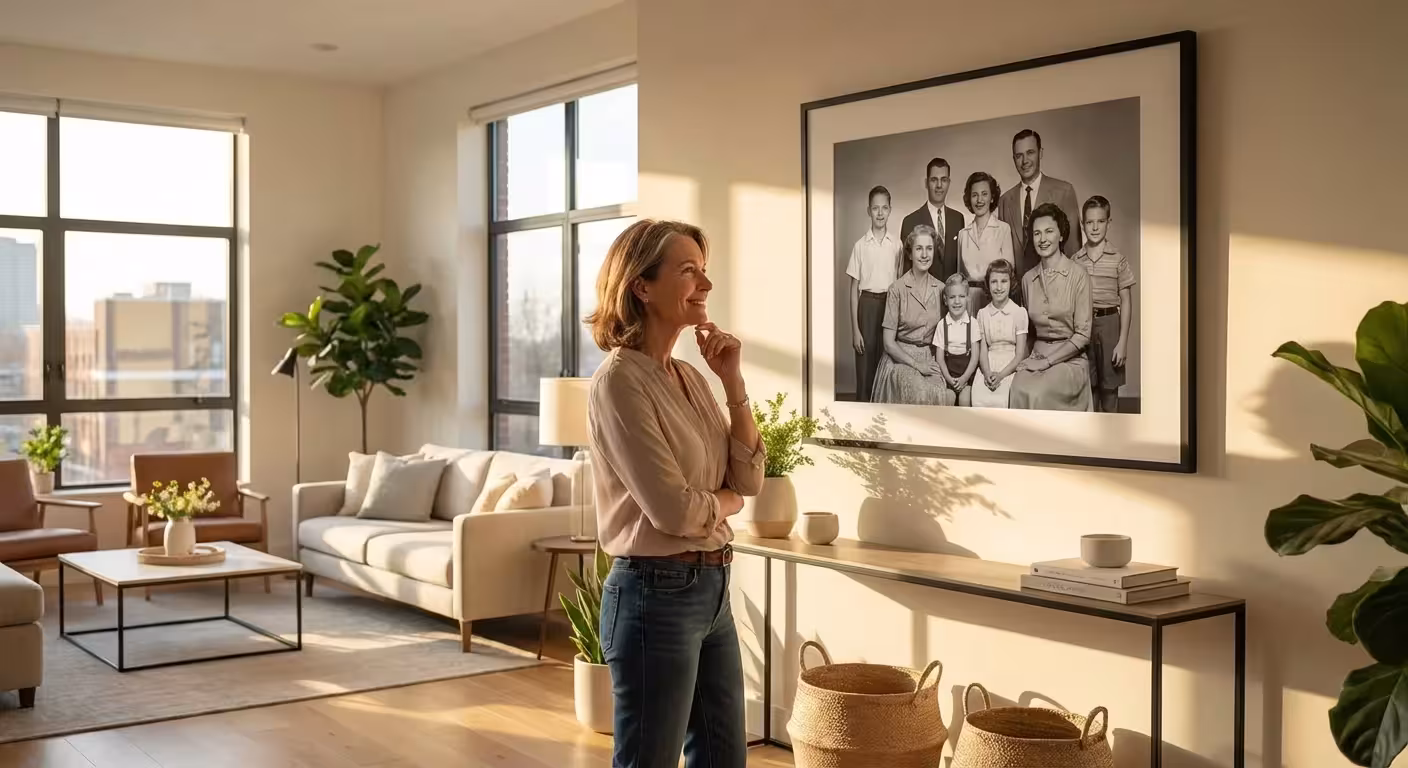 A woman looking at a large, high-resolution framed poster of a vintage photo in a bright room.