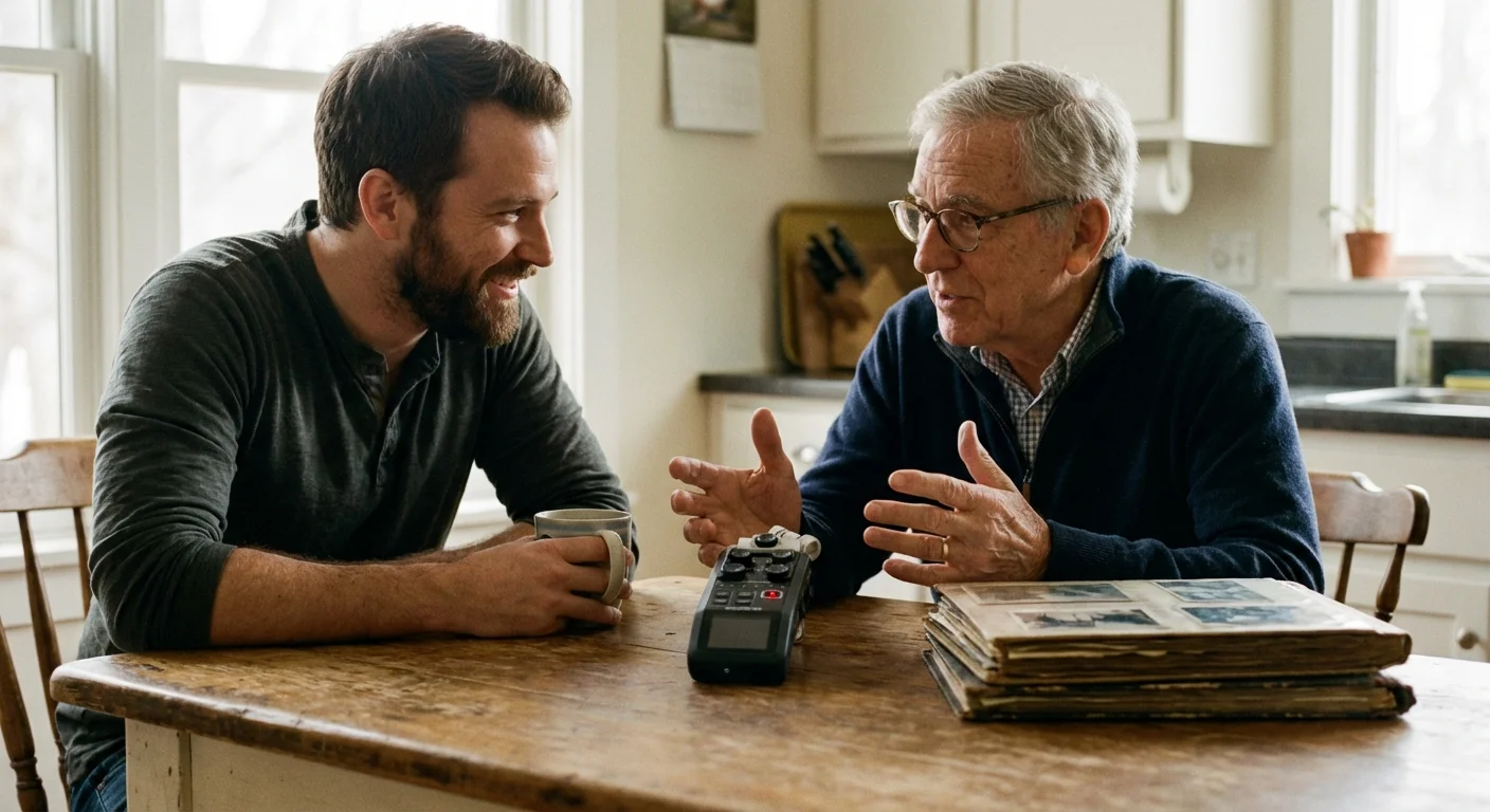An adult son interviewing his elderly father with a digital recorder on a table with photo albums.