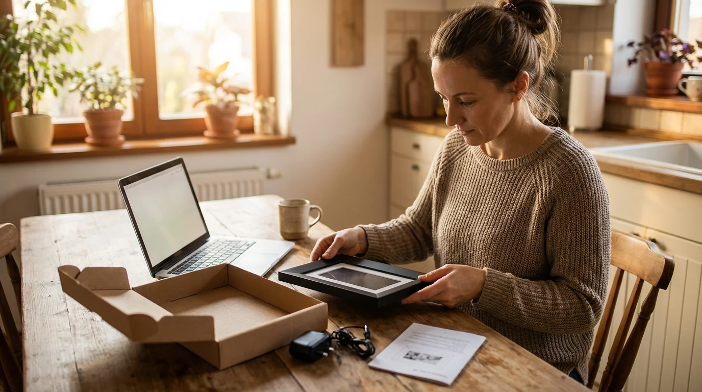 An adult woman setting up a digital photo frame at a table, preparing it as a gift.