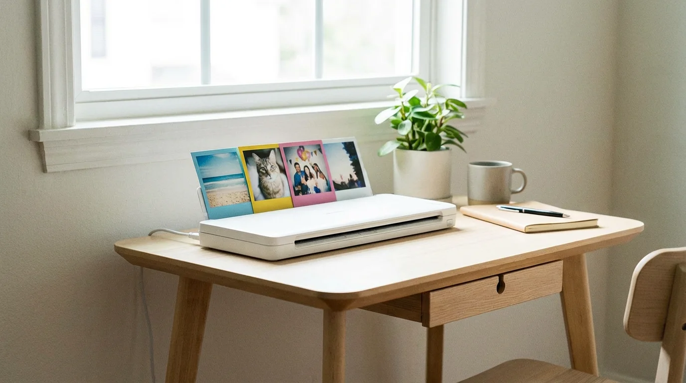 An affordable, slim photo scanner on a minimalist desk with polaroid pictures.