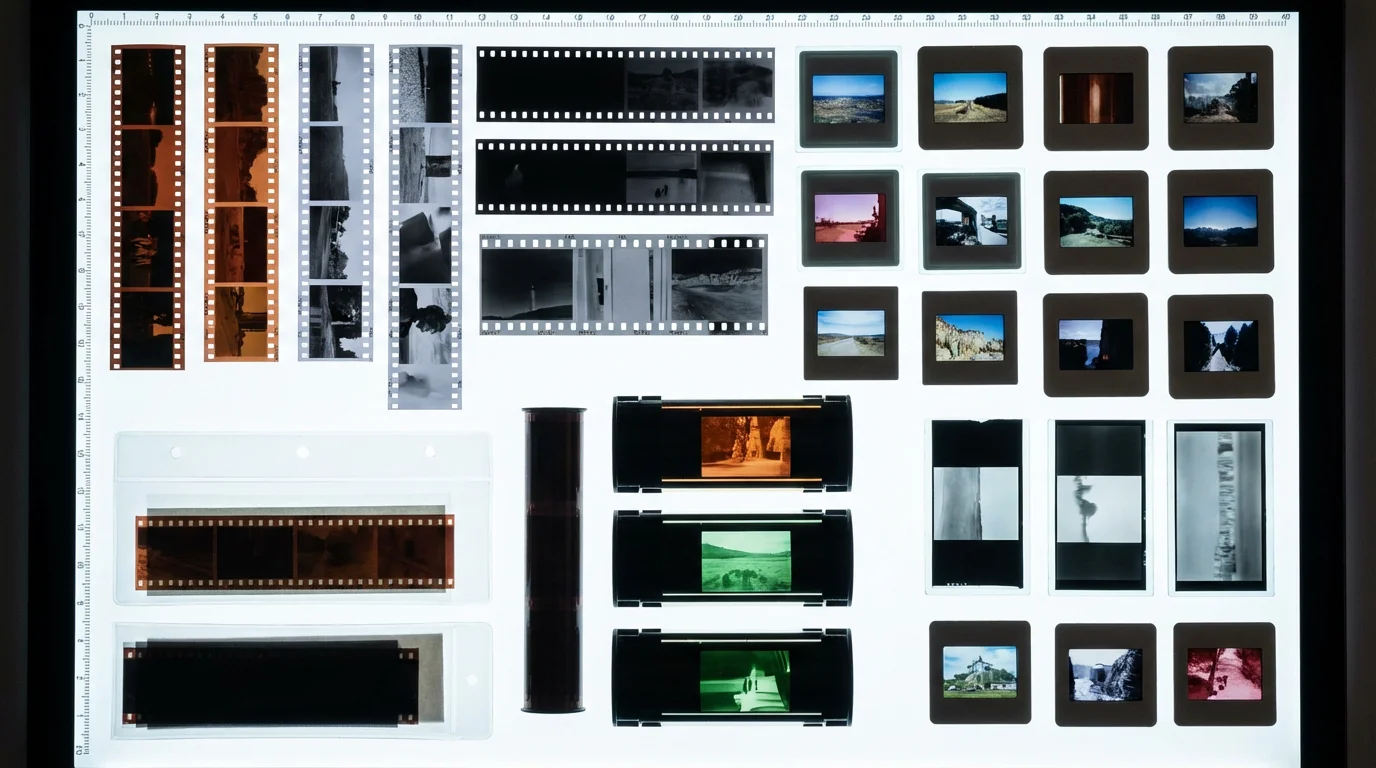 An array of different film formats, including slides and negatives, laid out on a professional lightbox.