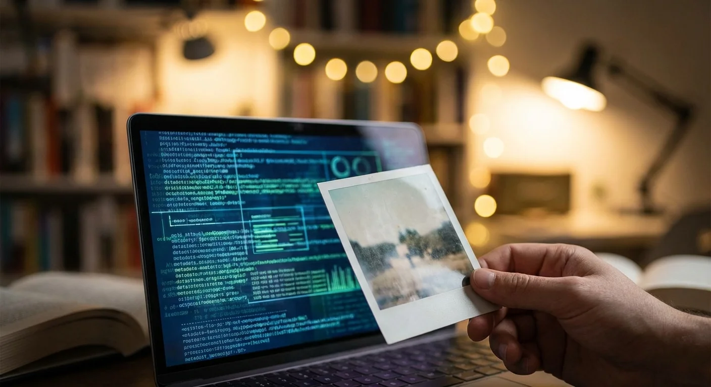 An artistic representation of digital data layers connecting to a physical photograph.