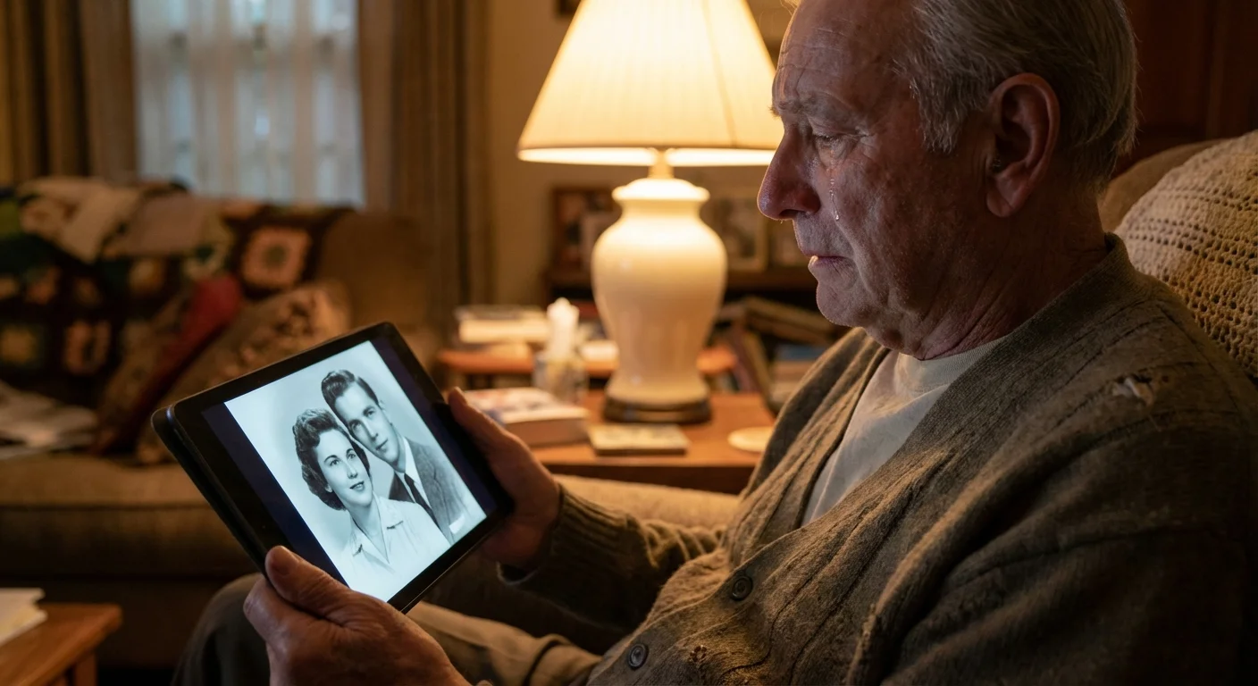 An elderly man looking at a restored digital photo of his ancestors on a tablet.