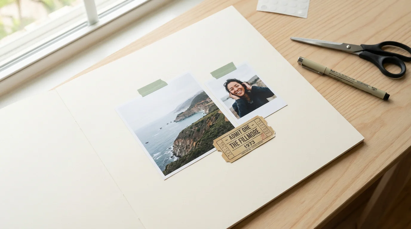 An elegant and balanced scrapbook page layout with photos and a vintage ticket stub.