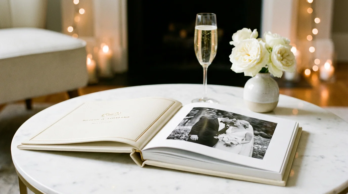 An elegant milestone photo book displayed on a marble table with champagne and roses in the background.
