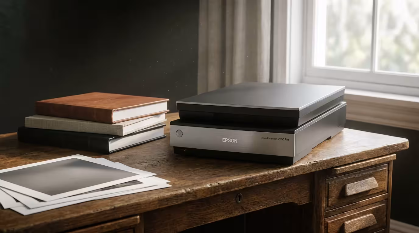 An Epson flatbed scanner positioned next to large wedding albums on a professional desk.