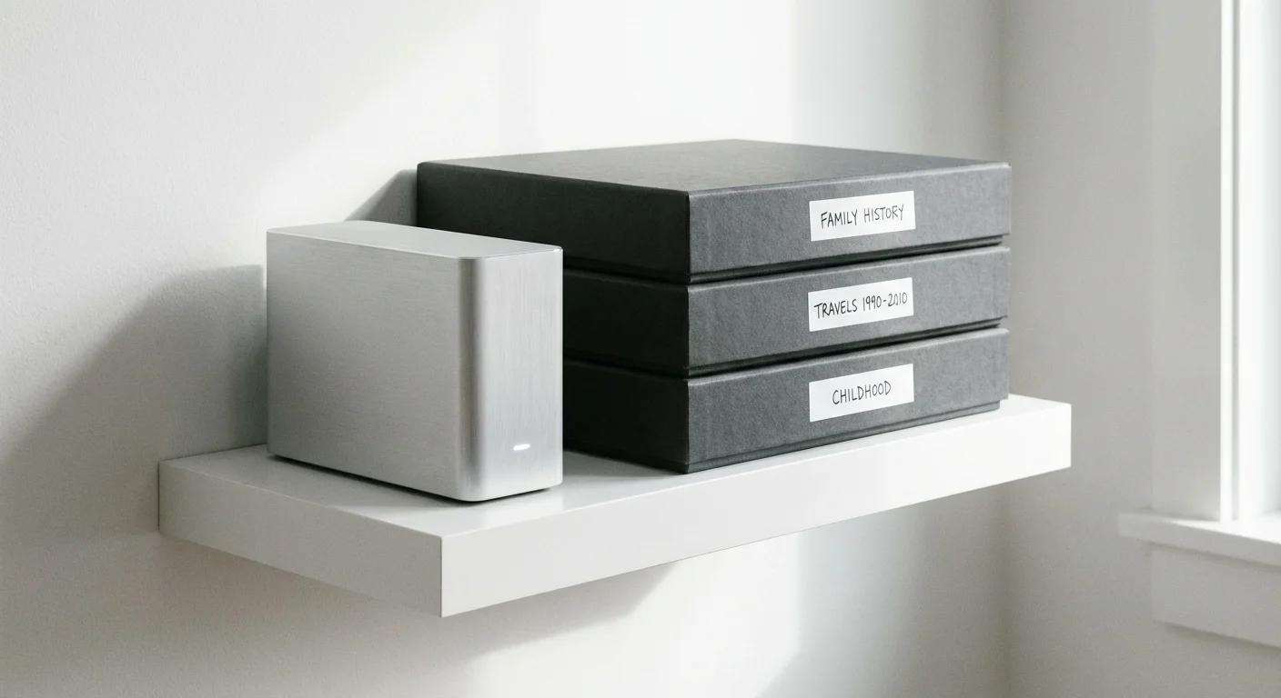 An external hard drive and organized photo storage boxes on a clean white shelf.