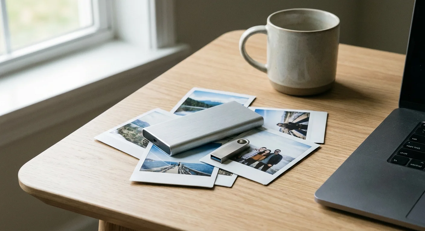 An external hard drive and USB stick sitting next to physical photographs.