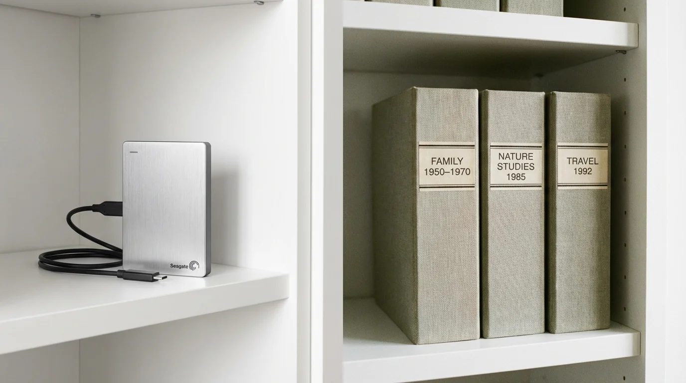 An external hard drive sitting next to organized archival slide binders on a clean shelf.