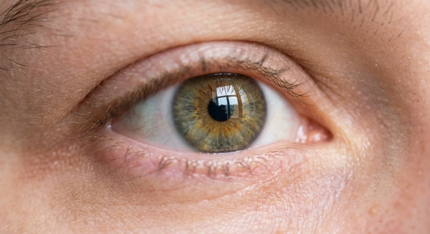 An extreme close-up of a human eye with clear details and a bright reflection.
