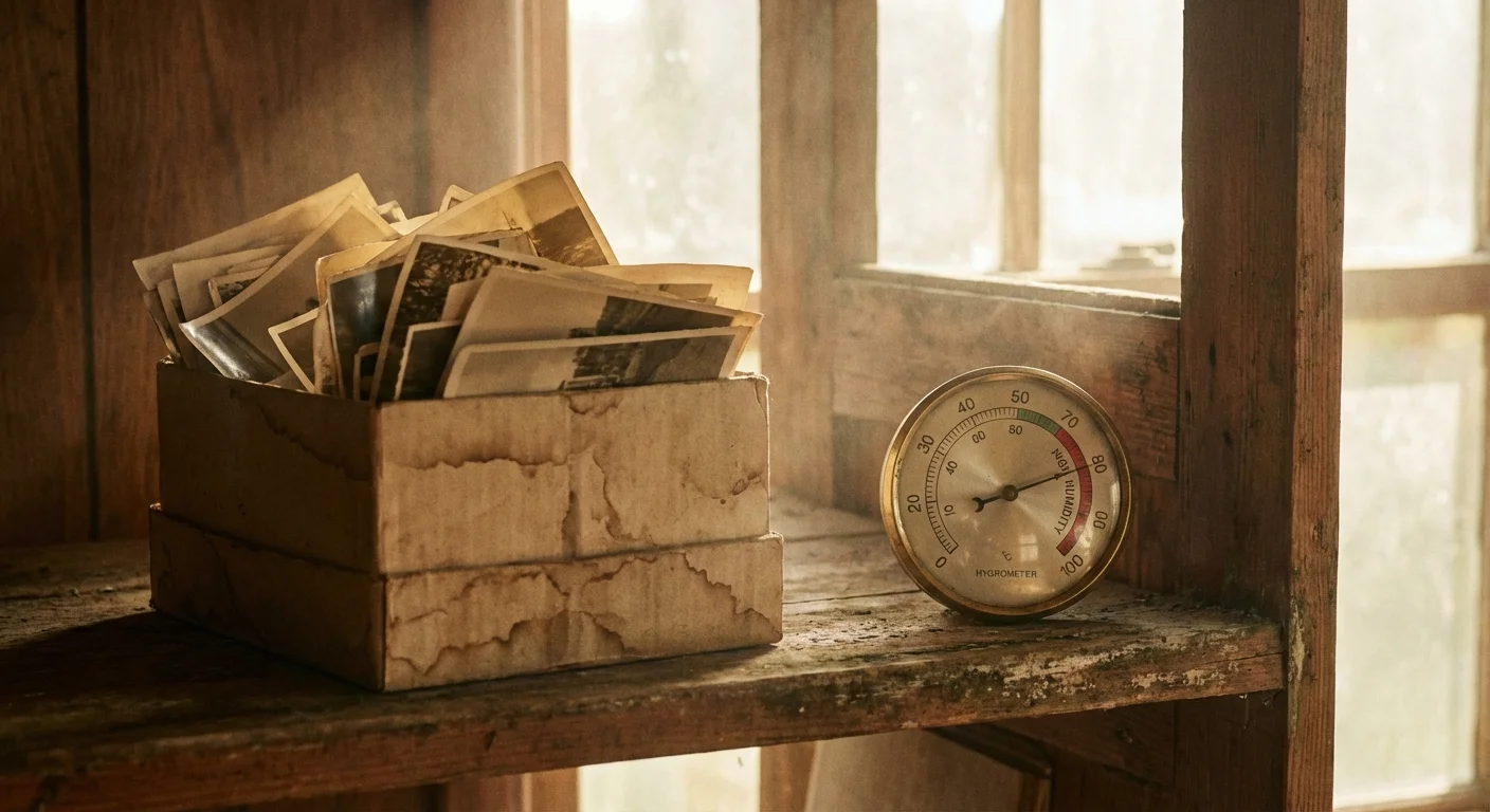 An old box of photos on a shelf next to a humidity monitor in a dimly lit room.