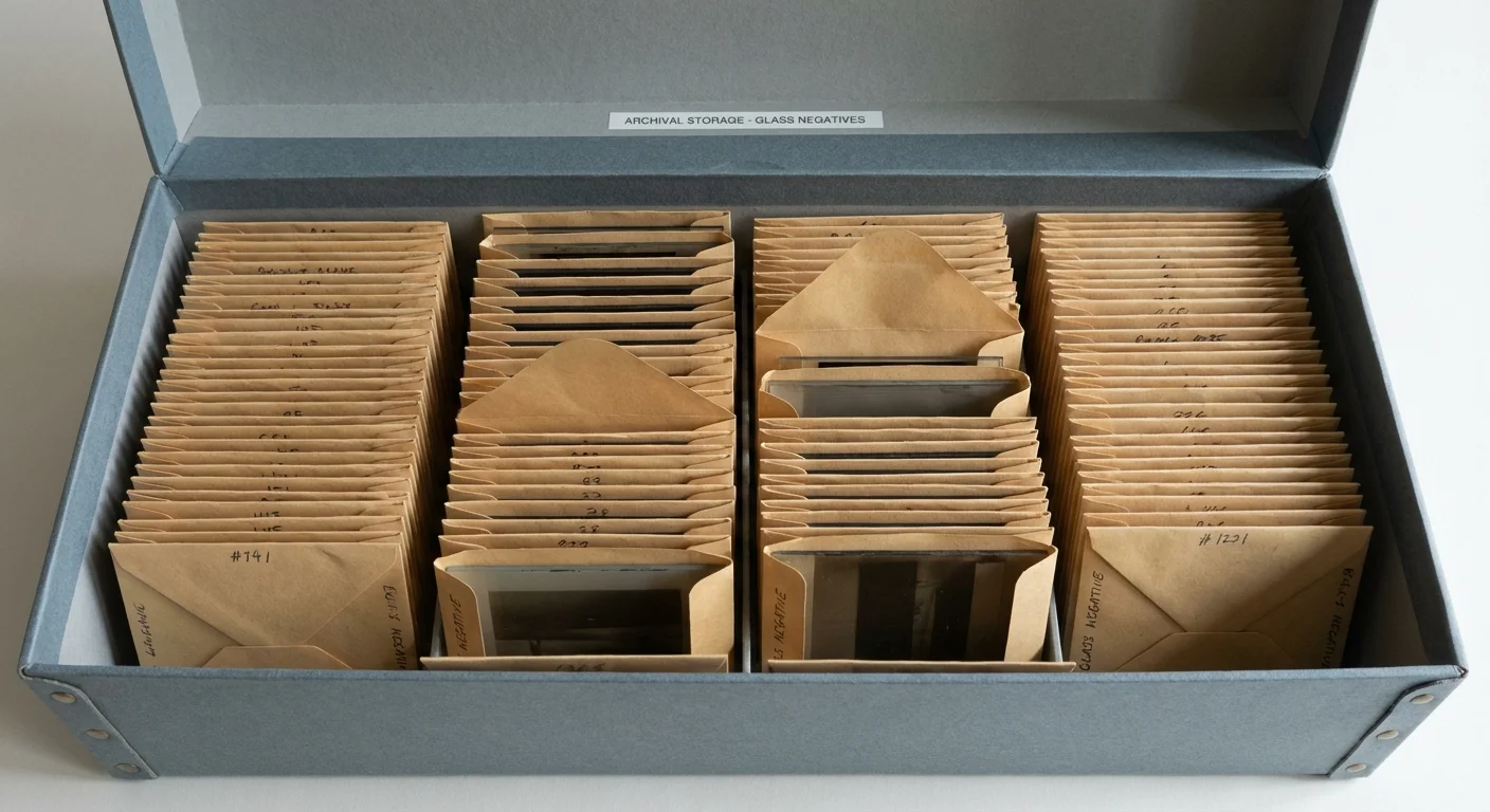 An open archival box showing glass negatives individually sleeved in acid-free paper folders.