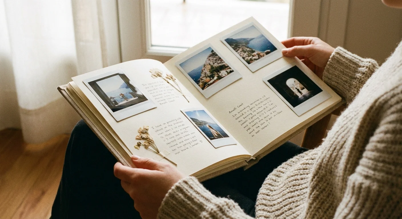 An open linen photo album showing a set of color-graded vacation photos.