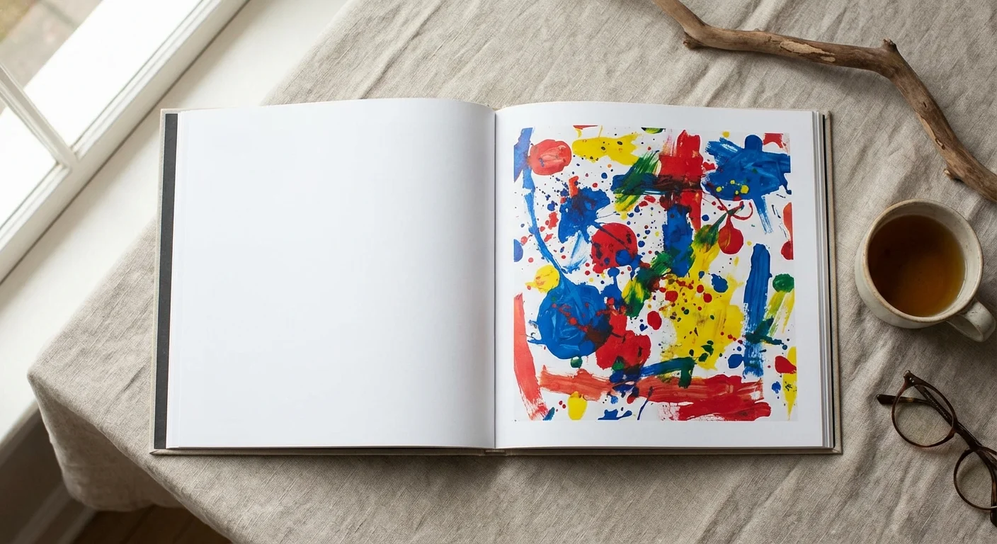 An open photo book showing a clean, professional layout of a child's abstract painting.