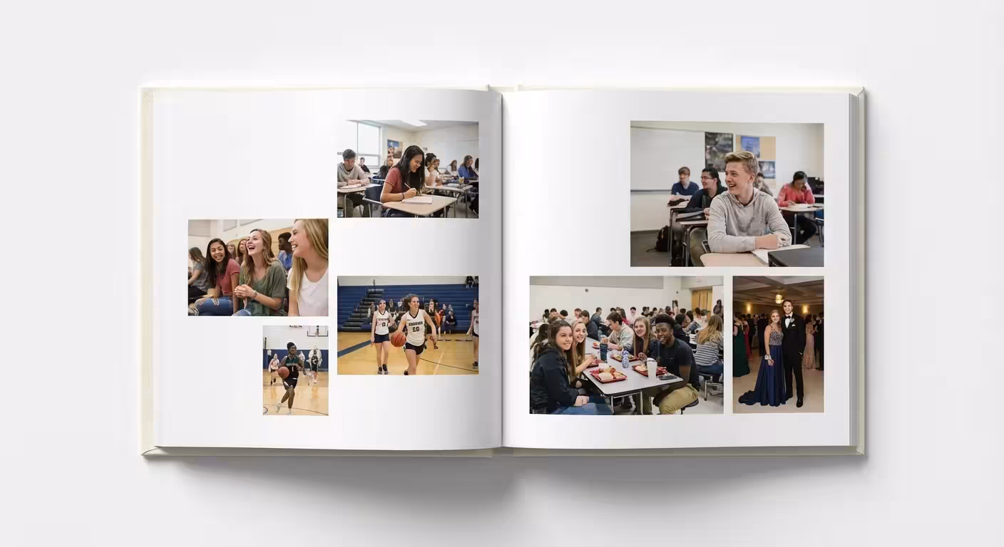 An open photo book showing a modern, clean page layout with high school memories.