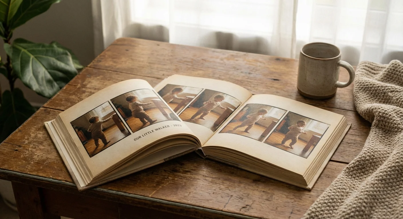 An open photo book showing a sequence of a child walking.