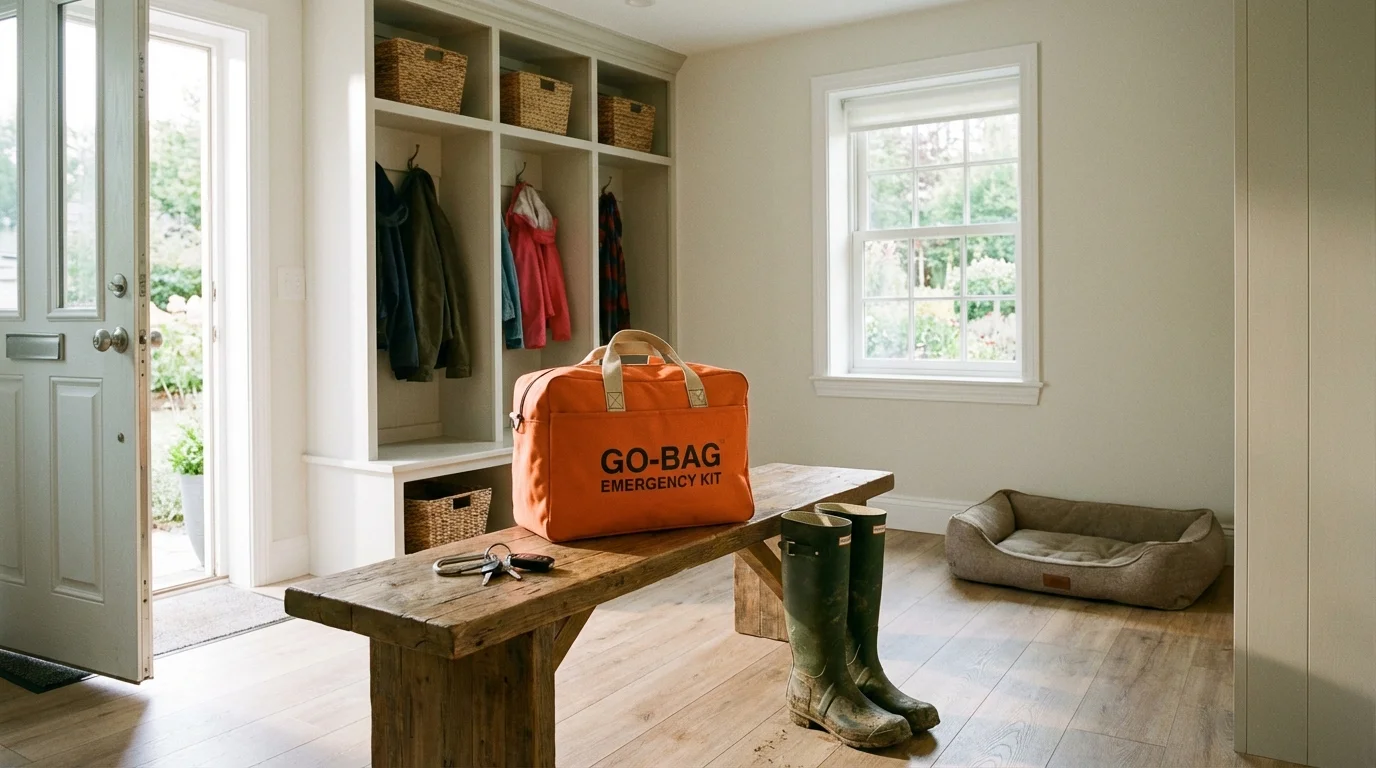 An orange emergency bag sitting ready on a bench near a home exit.