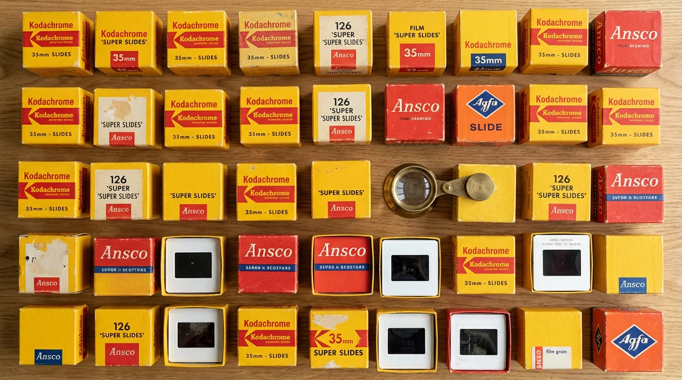 An organized collection of vintage slide boxes and different film formats on a wooden surface with a magnifying loupe.