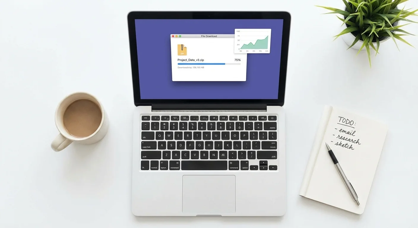 An organized desk with a laptop and coffee, symbolizing a productive archiving session.