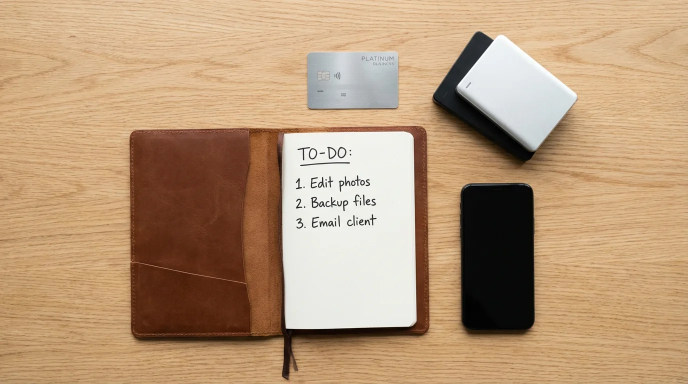 An organized flat lay featuring a notebook, credit card, and various storage drives on a wooden surface.