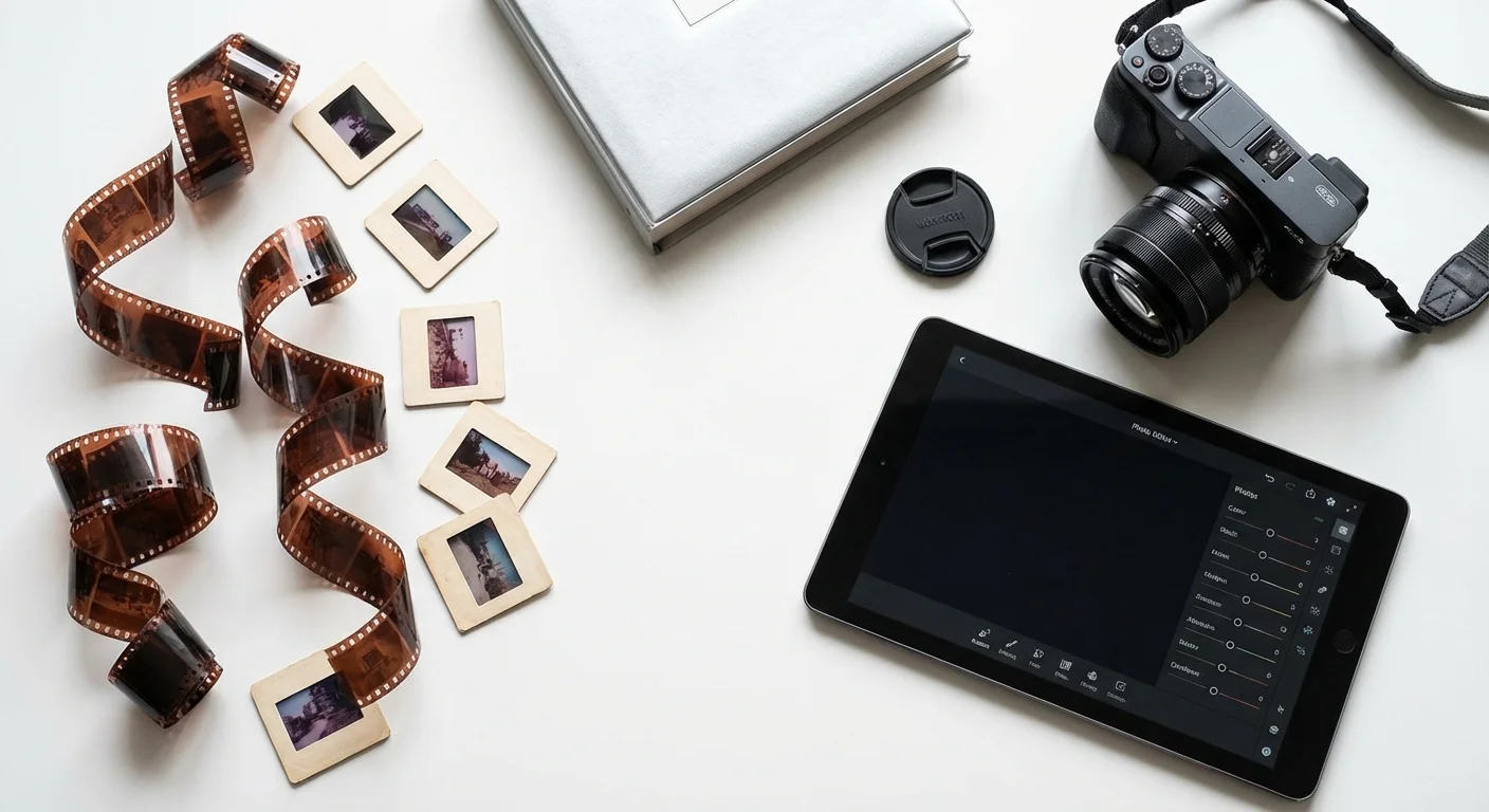 An organized flat-lay of old film slides and modern digital photography equipment.