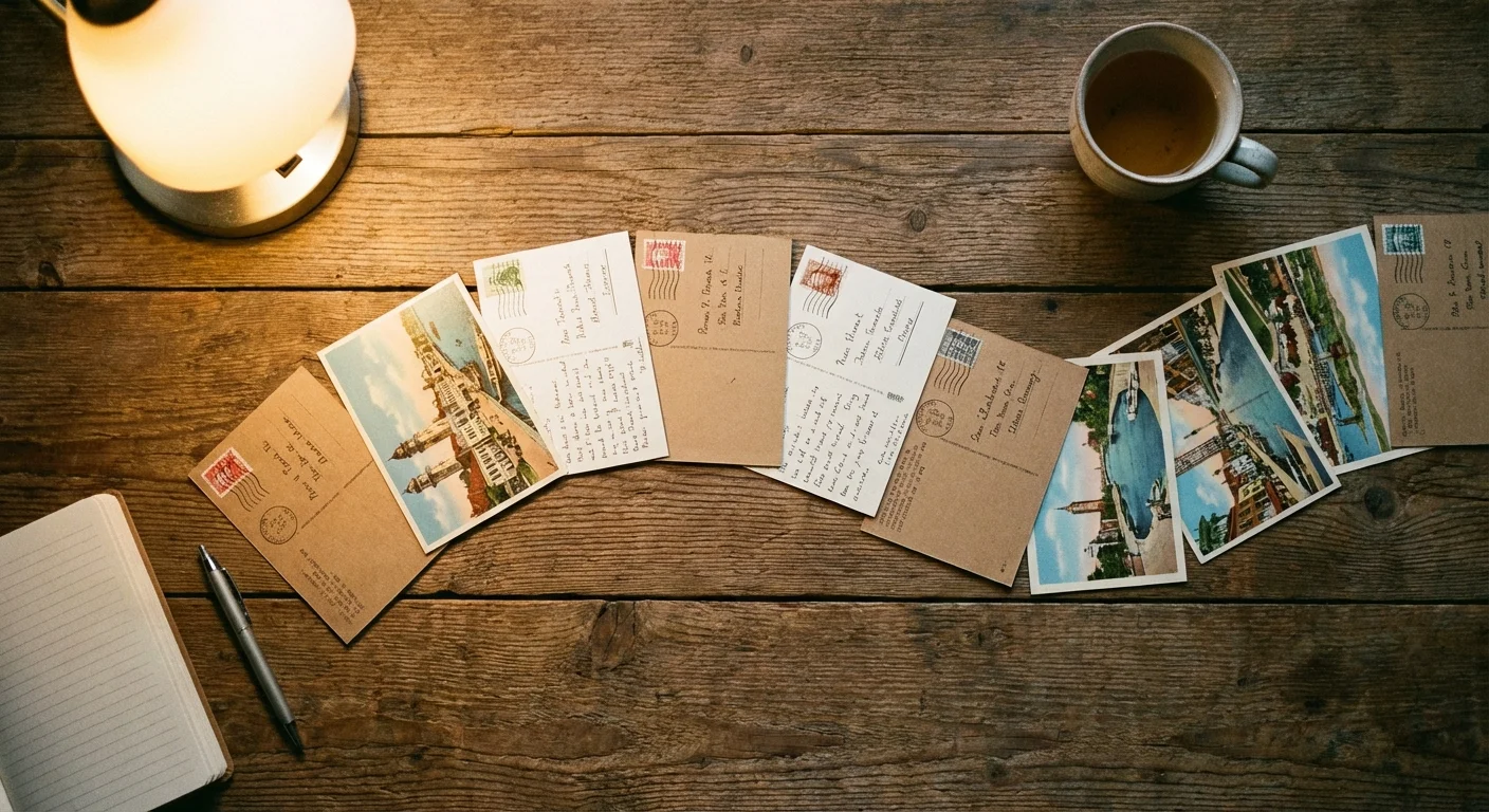An organized row of postcards on a desk, illustrating a systematic workflow for scanning both sides.