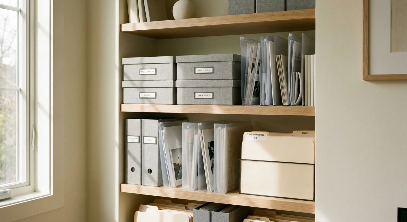 An organized shelf with grey archival boxes and clear protective sleeves.
