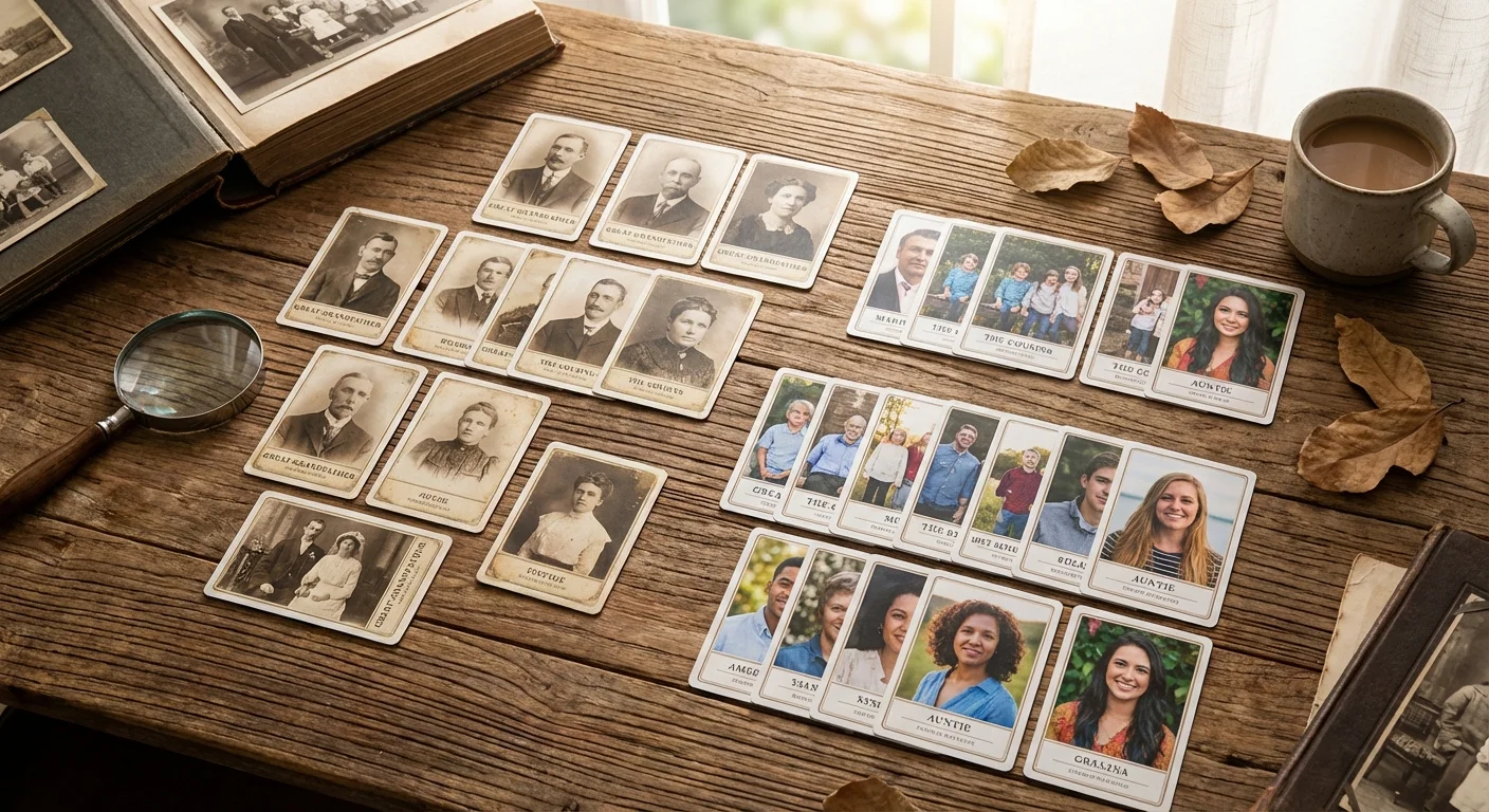 An organized spread of custom playing cards showing a mix of vintage and modern family photos.