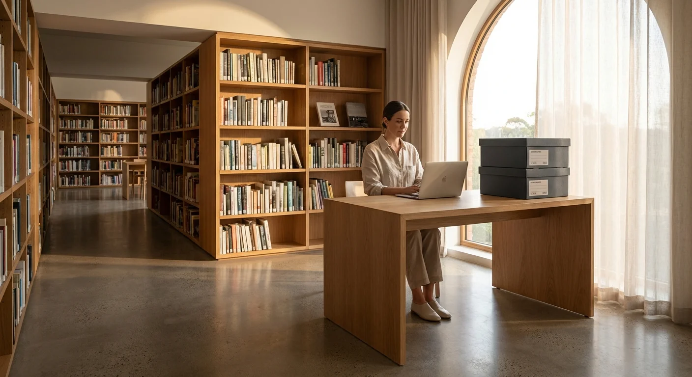 An organized workspace with a laptop and archival boxes, representing professional metadata standards.