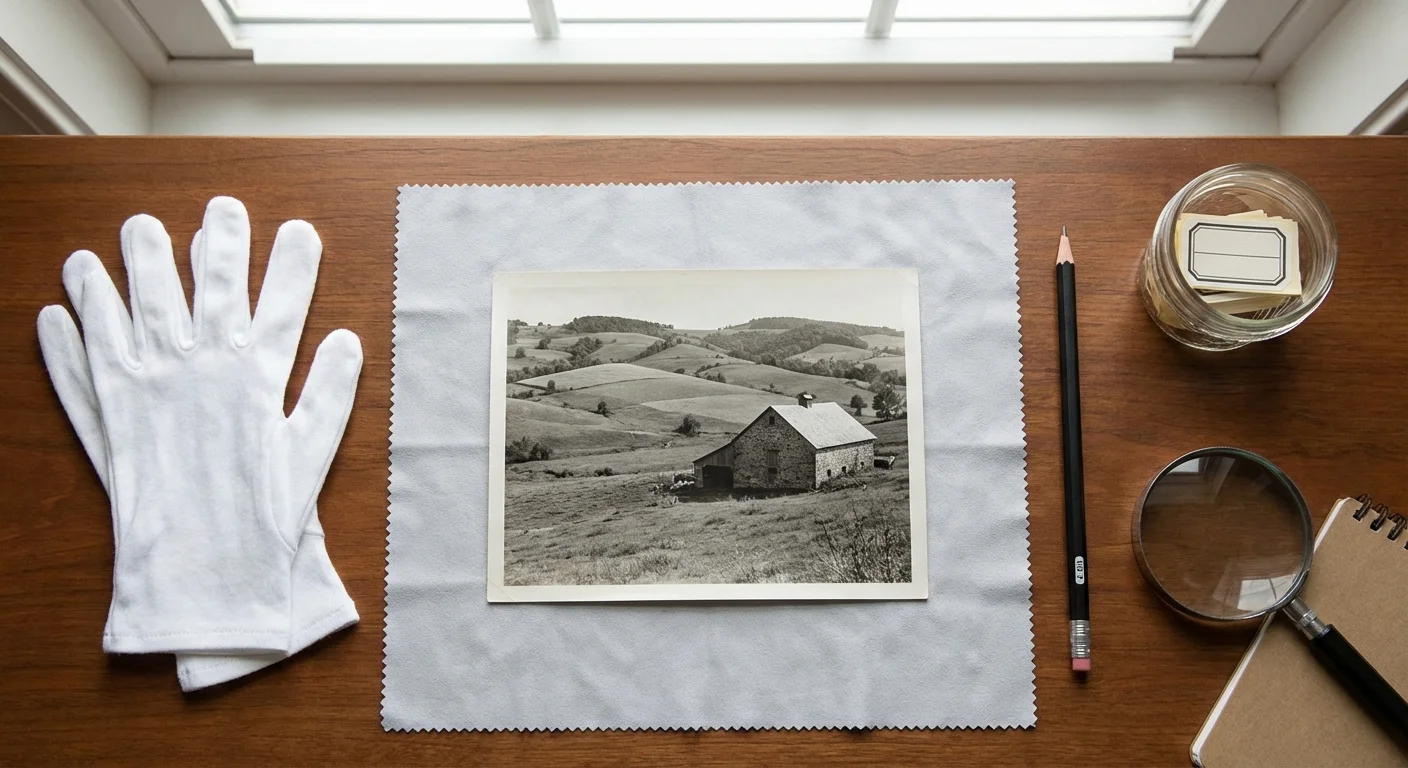 An organized workspace with cotton gloves, a pencil, and a photo ready for labeling.