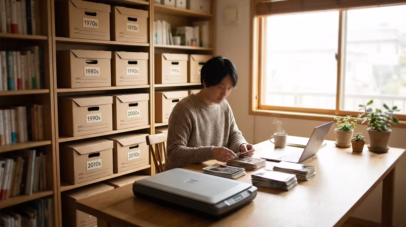 An organized workspace with labeled boxes and a person sorting large piles of photos.