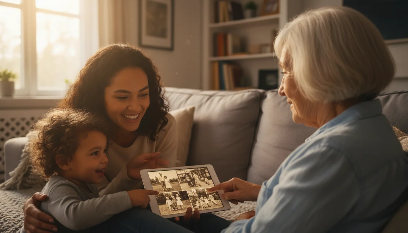 An over-the-shoulder view of a diverse family, including a grandparent, parent, and child, smiling at old photos on a tablet screen in warm golden light.