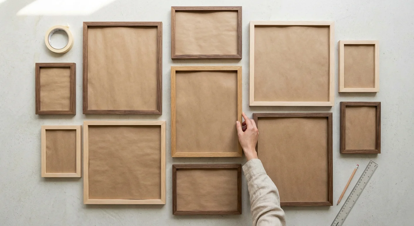An overhead view of photo frames arranged on a floor to plan a gallery wall layout.