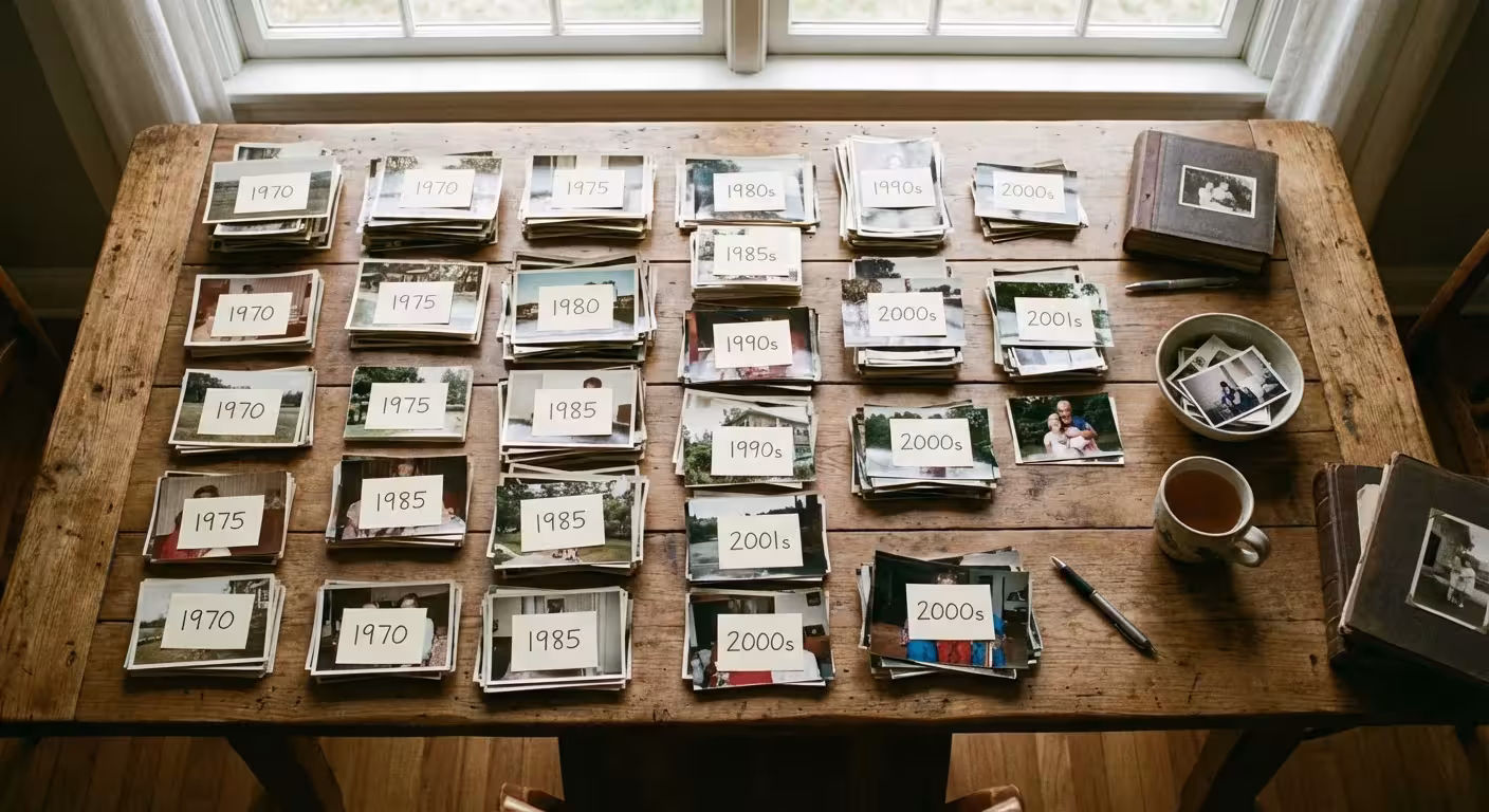 An overhead view of photographs sorted into neat piles by decade on a wooden table.