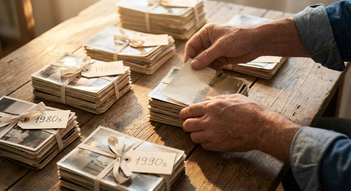 An overhead view of vintage photos being sorted into chronological stacks on a wooden table.