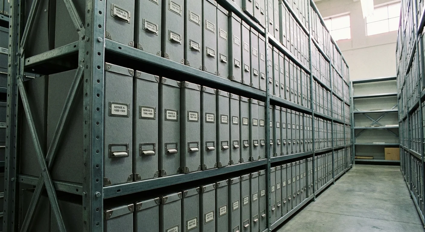 Archival boxes stored upright and side-by-side on a heavy-duty metal shelf.