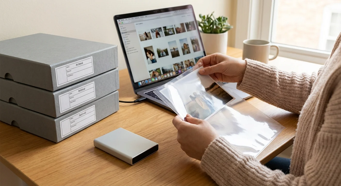Archival photo boxes next to a hard drive, symbolizing the protection of digital and physical heritage.