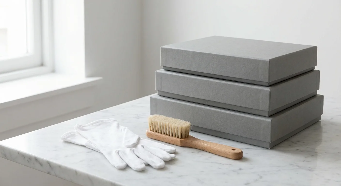 Archival photo handling tools including white gloves and acid-free boxes on a clean surface.