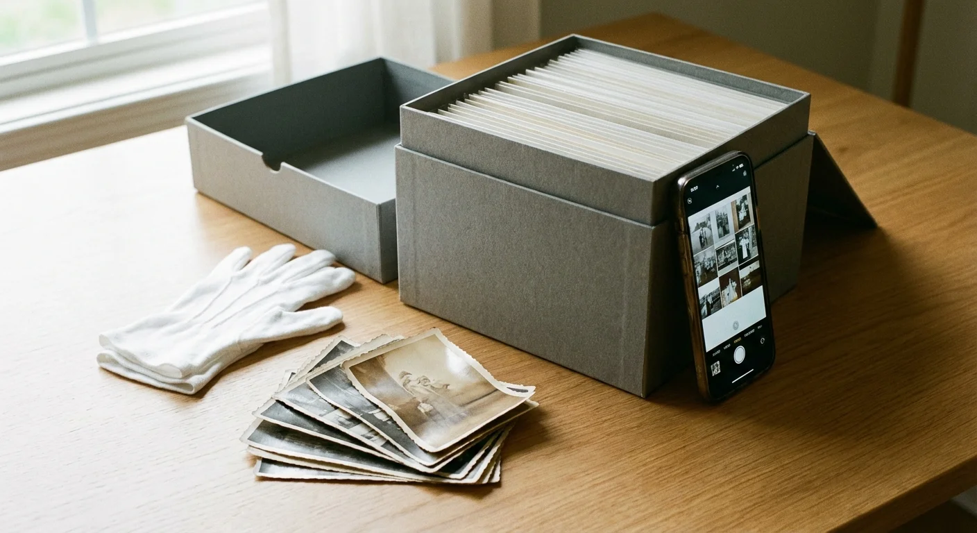 Archival photo storage supplies including a box and gloves next to vintage prints.