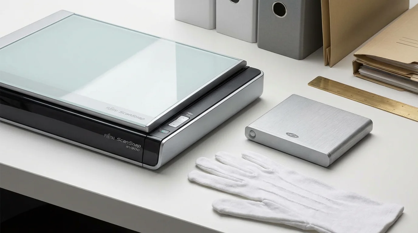 Archival tools including a scanner, hard drive, and white gloves on a clean desk.