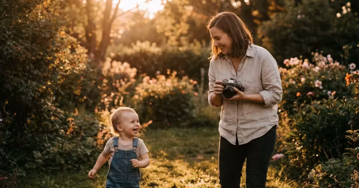 A mother taking a photo of her laughing child in a sunny backyard during golden hour.
