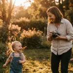 A mother taking a photo of her laughing child in a sunny backyard during golden hour.