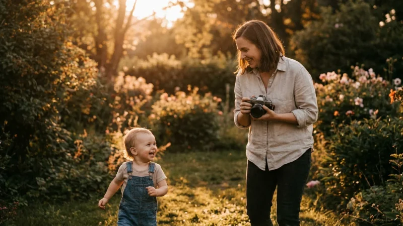 A mother taking a photo of her laughing child in a sunny backyard during golden hour.