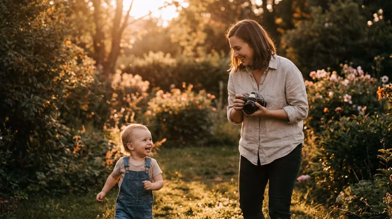 A mother taking a photo of her laughing child in a sunny backyard during golden hour.