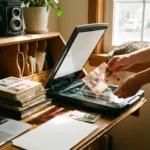 A person scanning a vintage family photograph on a modern flatbed scanner in a sunlit home office.